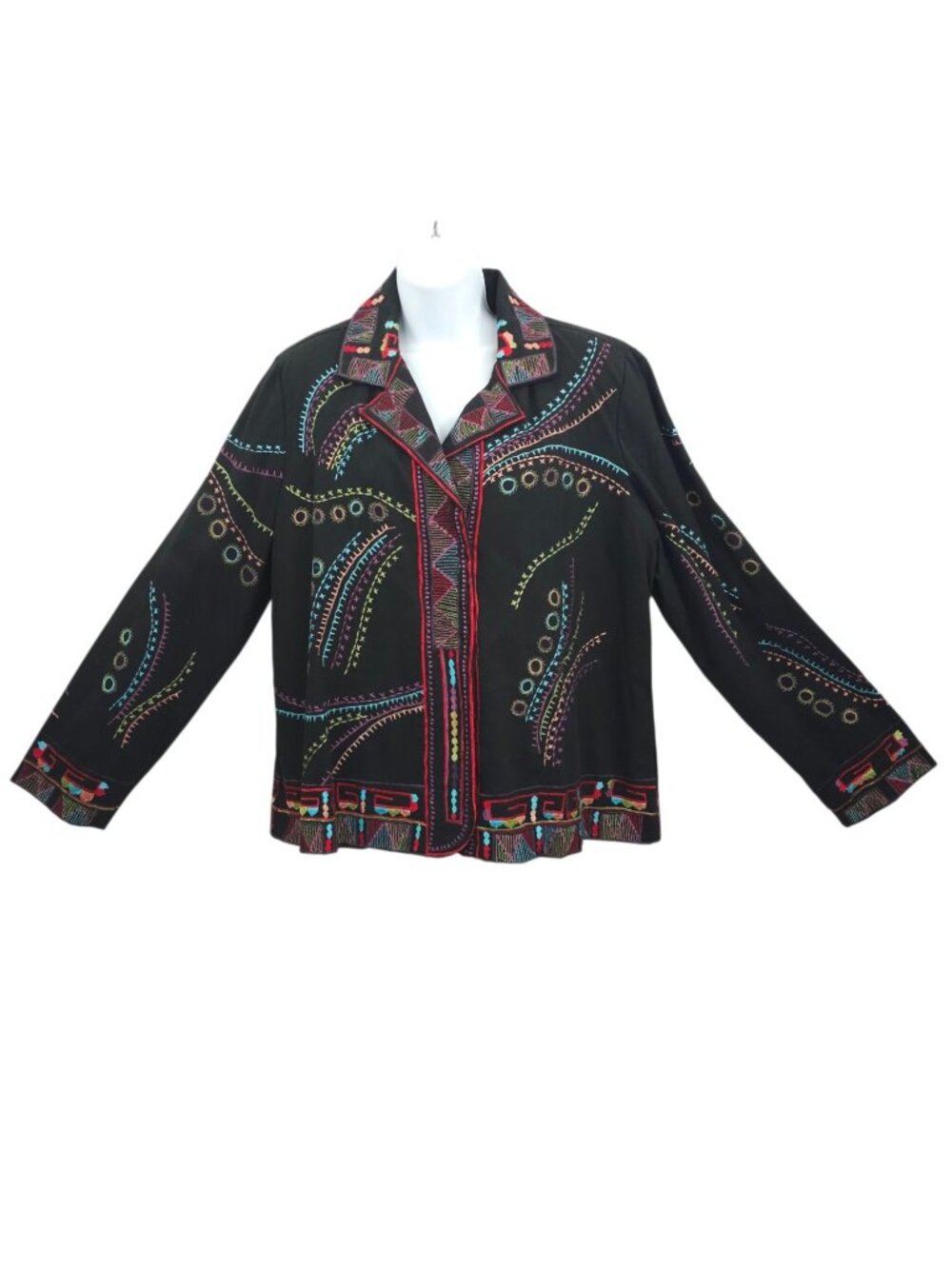 Yak Magik Embroidered Jacket XL Art to Wear Boho Ethnic Cotton Snap Front Black